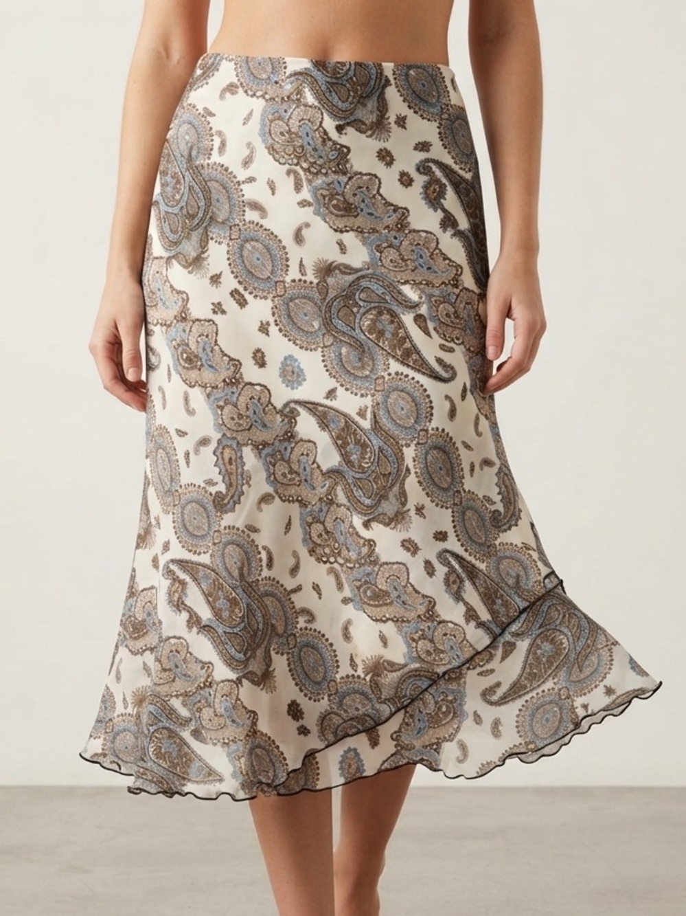 Y2K Vamp Paisley Print Lettuce Trim Midi Slip Skirt in Cream & Brown Size Medium